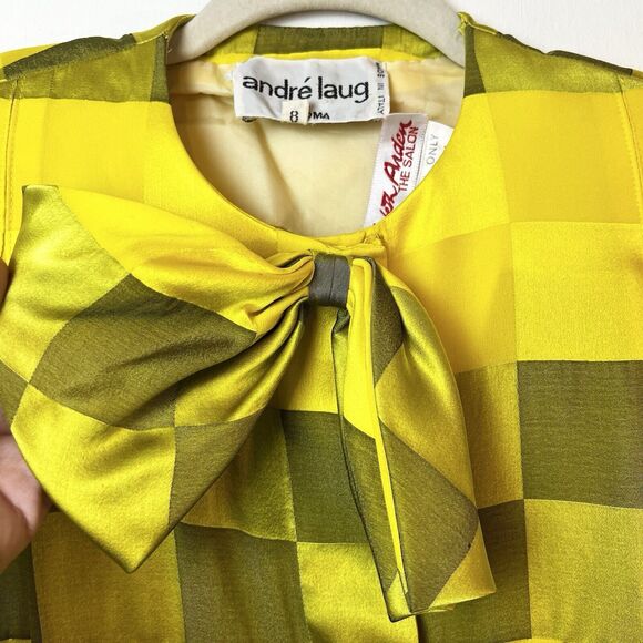 Andre’ Laug Silk Top Green Yellow Checkered Bow Vintage Women’s Sz 8 - Picture 3 of 11